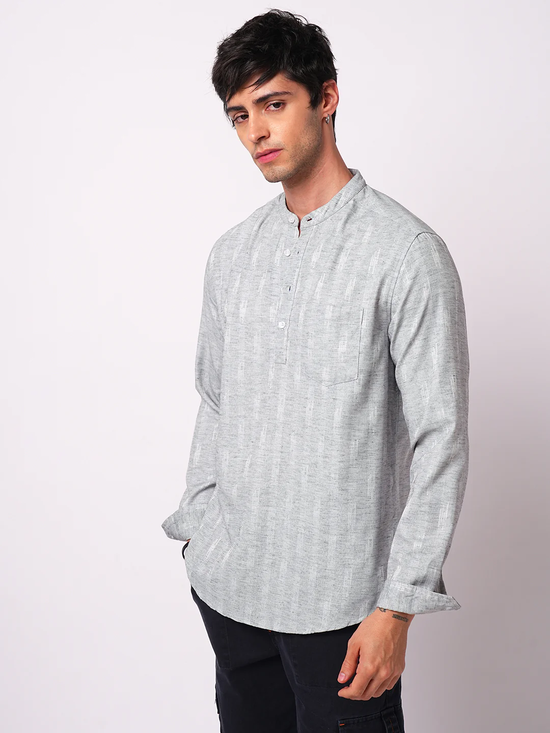 Ash Grey Linear Textured Kurta - Image 5