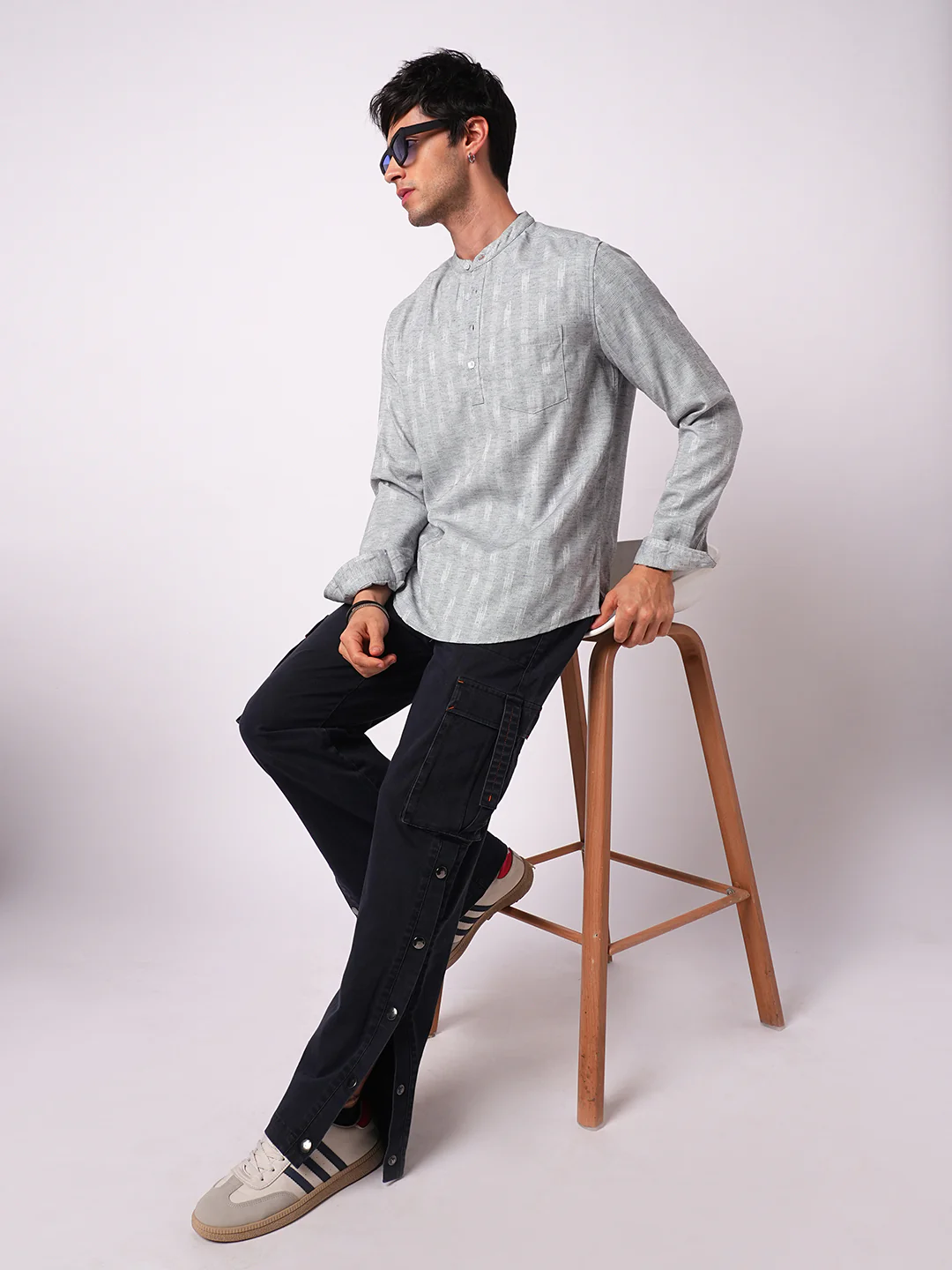 Ash Grey Linear Textured Kurta - Image 7