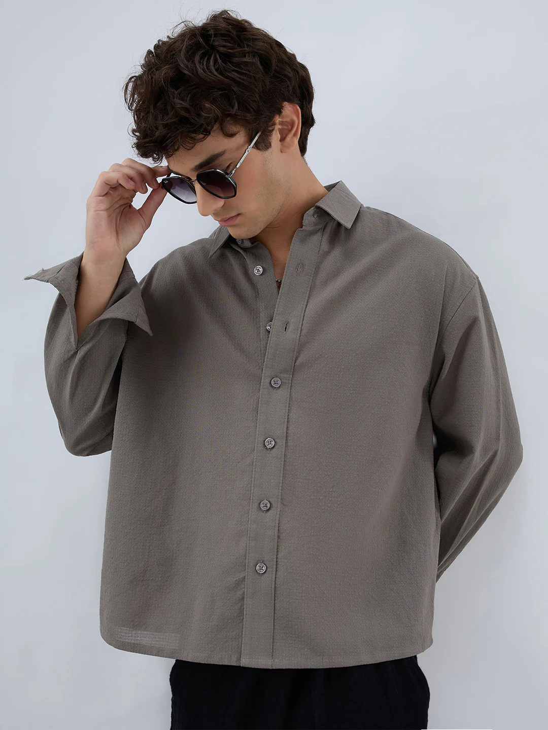 Ash Grey Micro Checked Weave Boxy Fit Crop Shirt - Image 2
