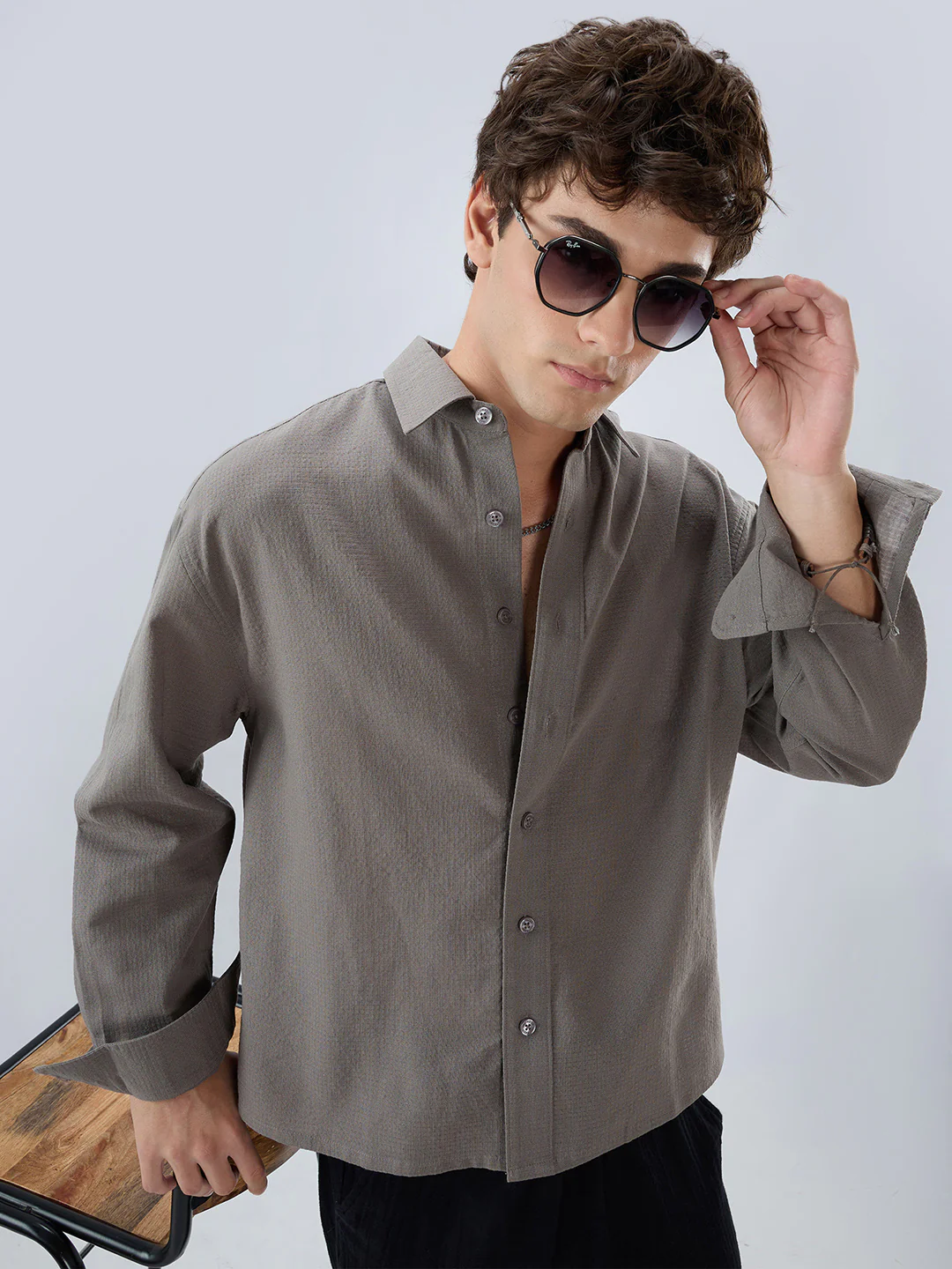 Ash Grey Micro Checked Weave Boxy Fit Crop Shirt - Image 4
