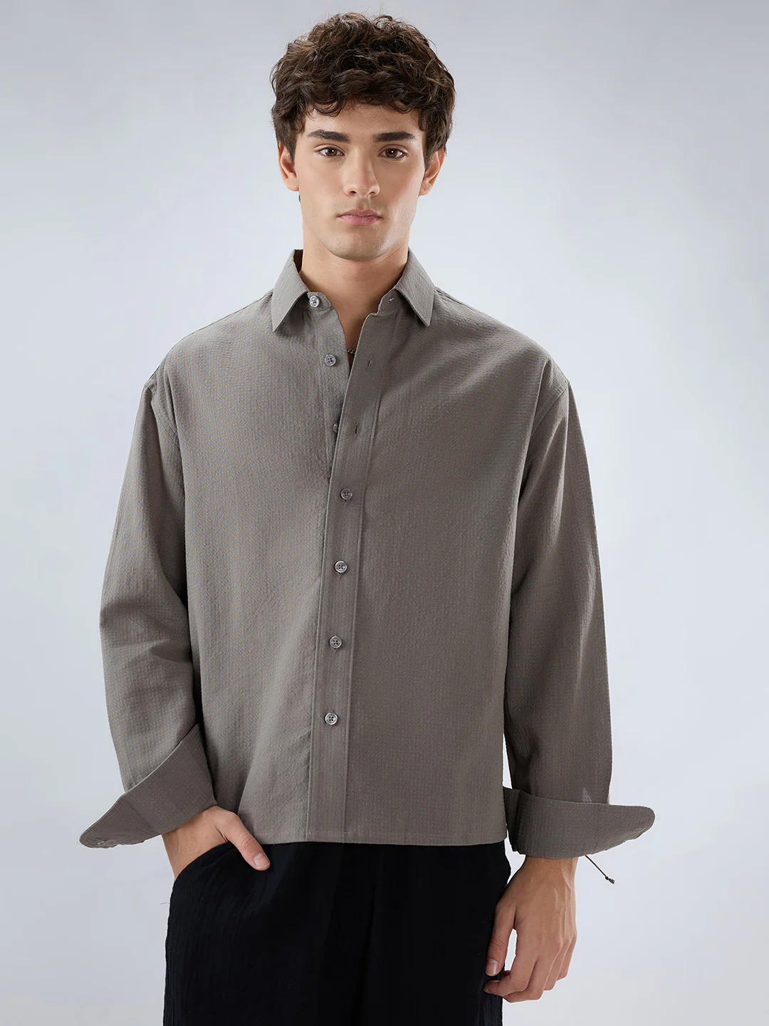 Ash Grey Micro Checked Weave Boxy Fit Crop Shirt - Image 5