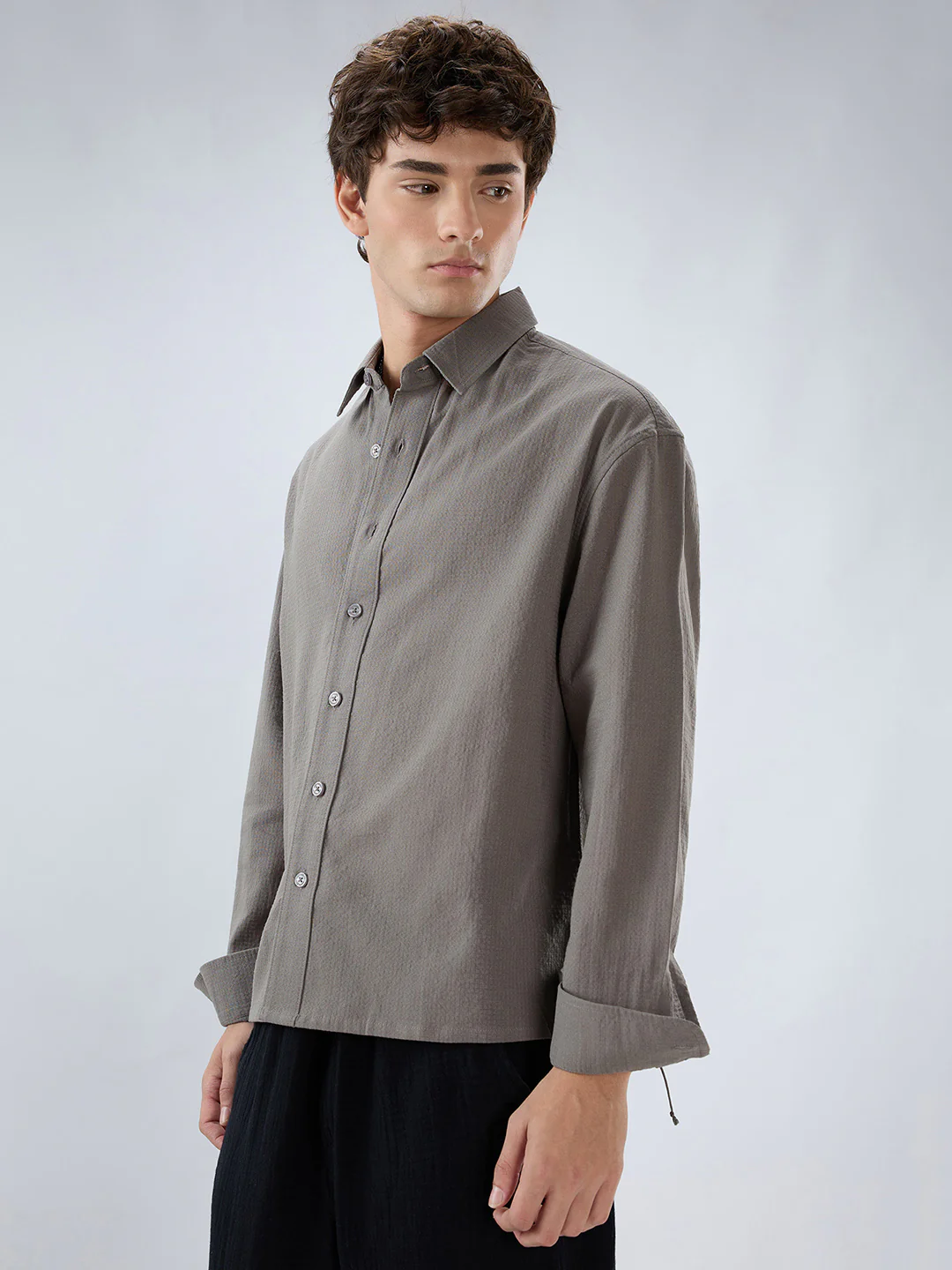 Ash Grey Micro Checked Weave Boxy Fit Crop Shirt - Image 6
