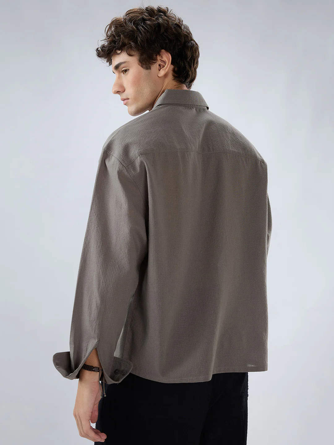 Ash Grey Micro Checked Weave Boxy Fit Crop Shirt - Image 7