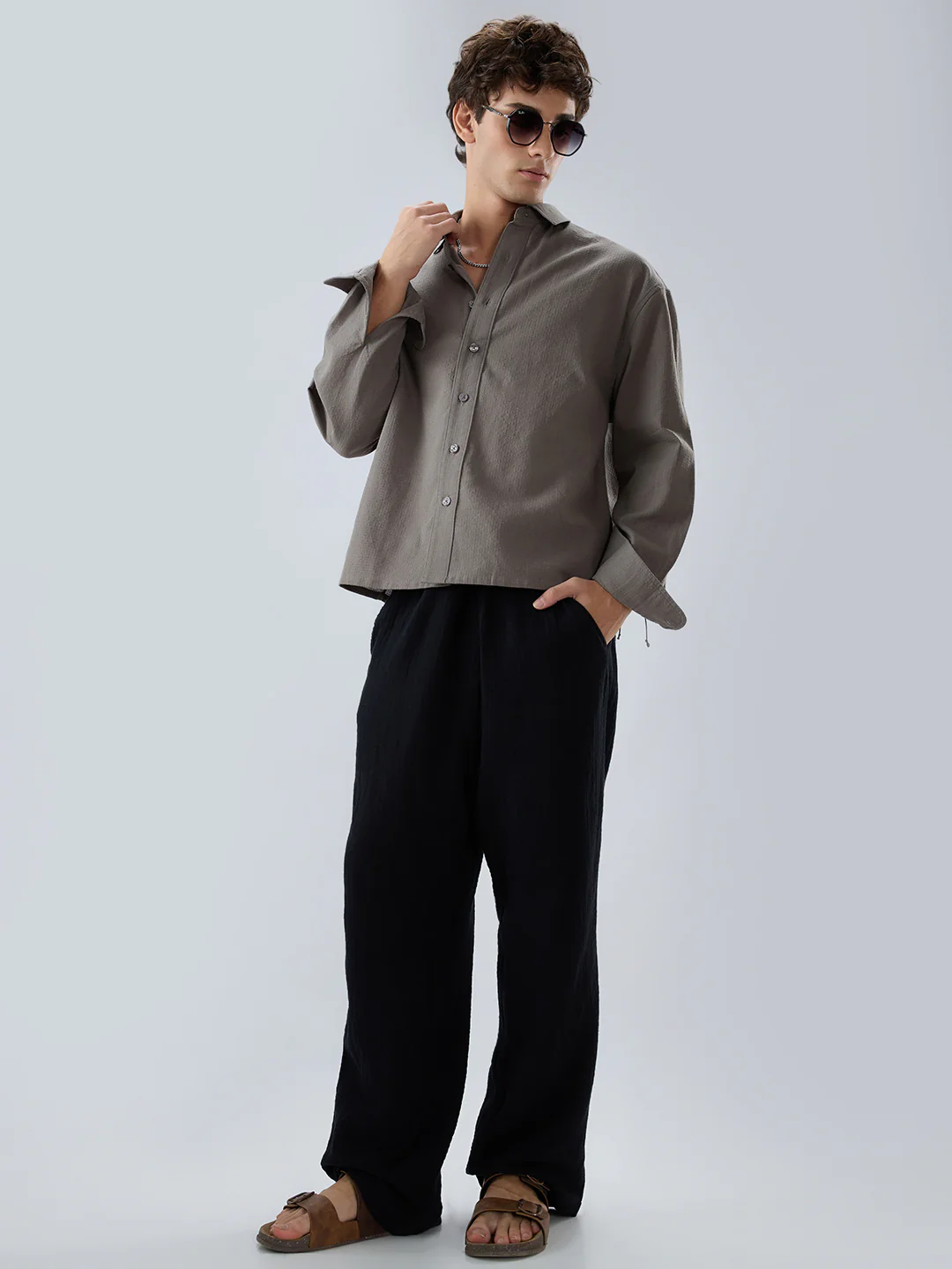 Ash Grey Micro Checked Weave Boxy Fit Crop Shirt - Image 8