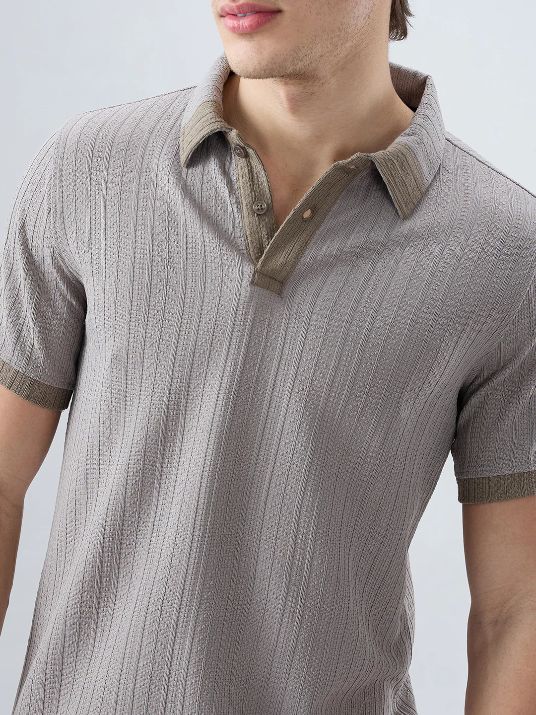 Ash Grey Ribbed Polo Neck Knit T-shirt - Image 3