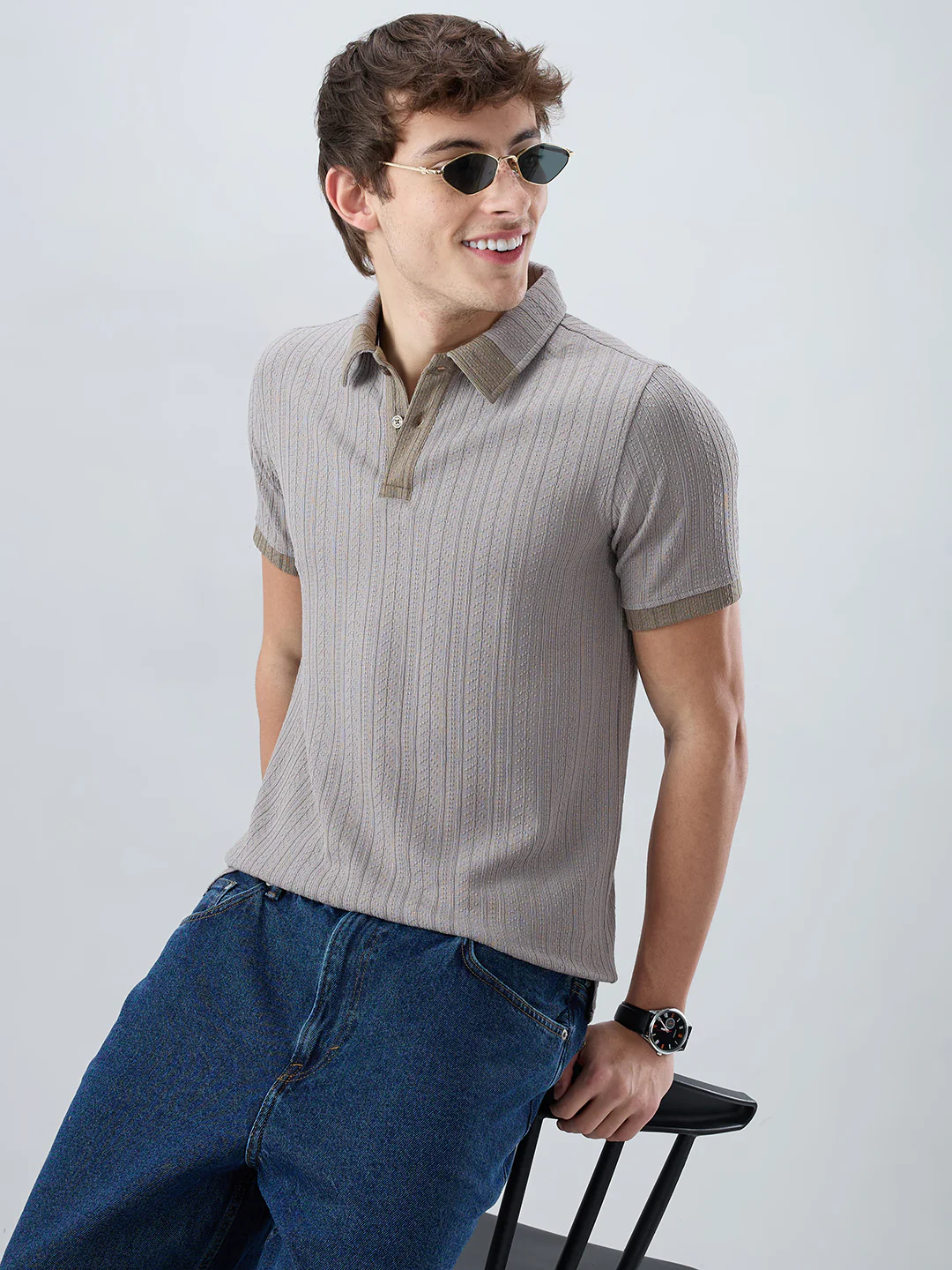 Ash Grey Ribbed Polo Neck Knit T-shirt - Image 4