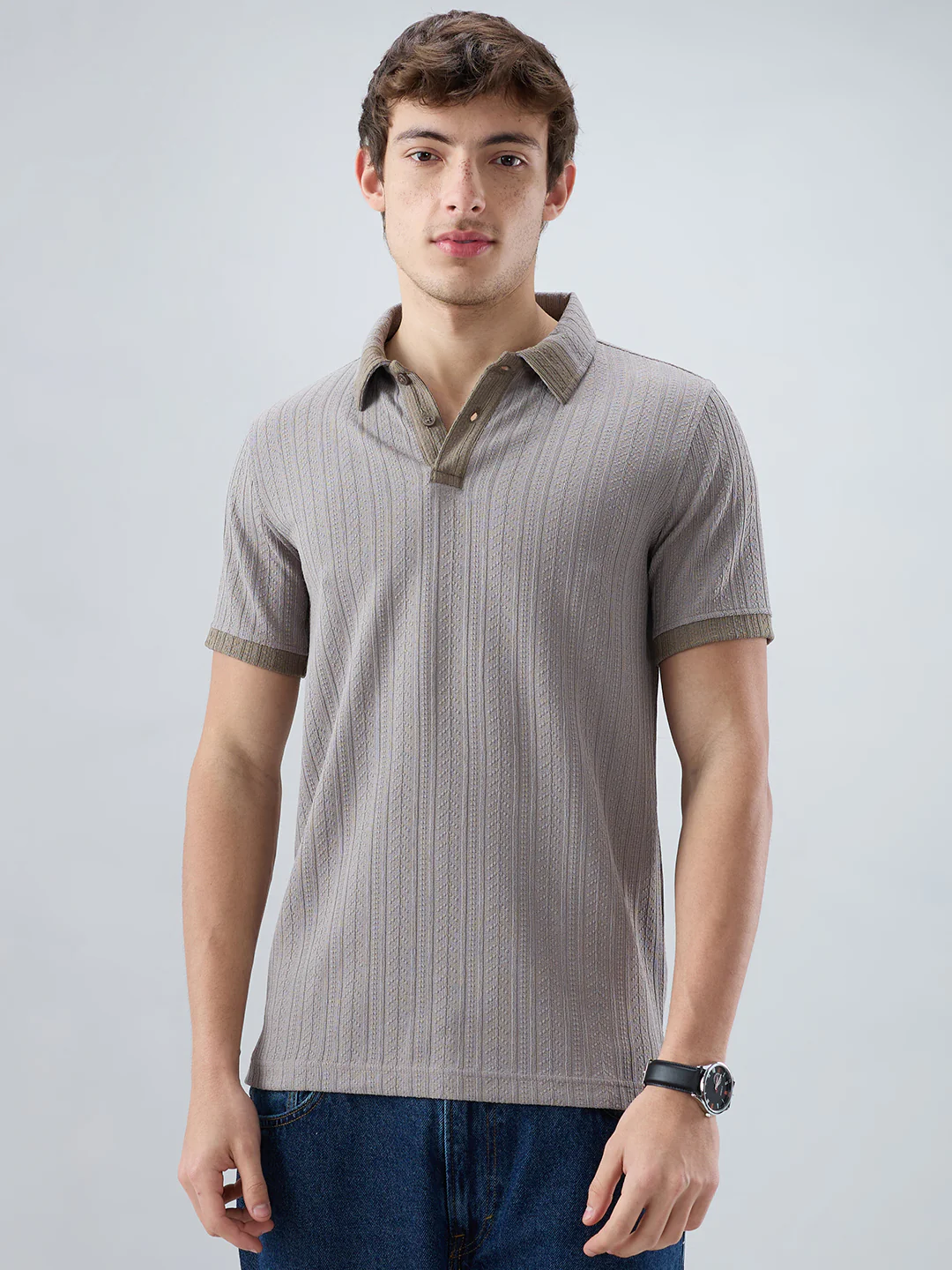 Ash Grey Ribbed Polo Neck Knit T-shirt - Image 5