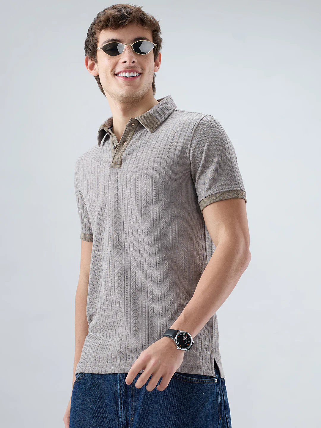 Ash Grey Ribbed Polo Neck Knit T-shirt - Image 6