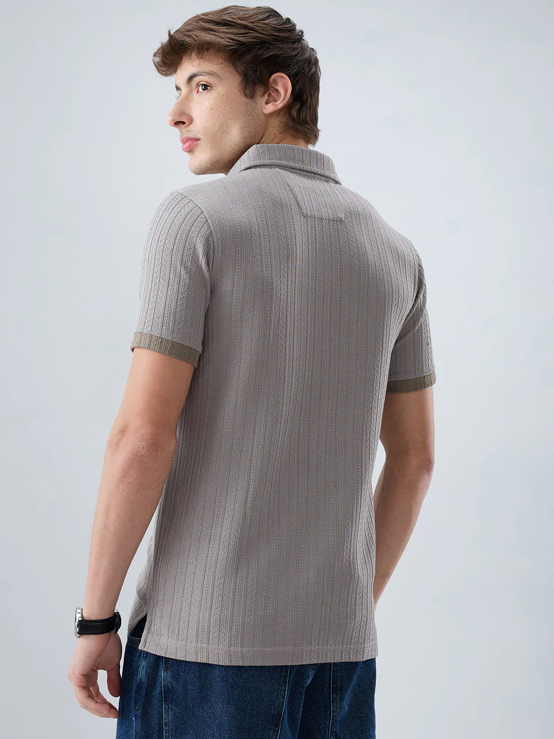 Ash Grey Ribbed Polo Neck Knit T-shirt - Image 7