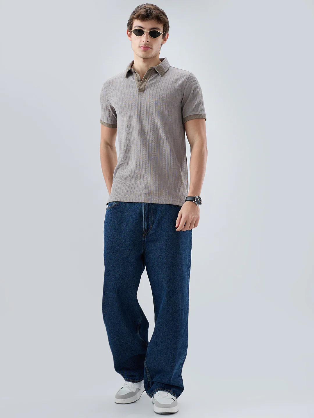 Ash Grey Ribbed Polo Neck Knit T-shirt - Image 8