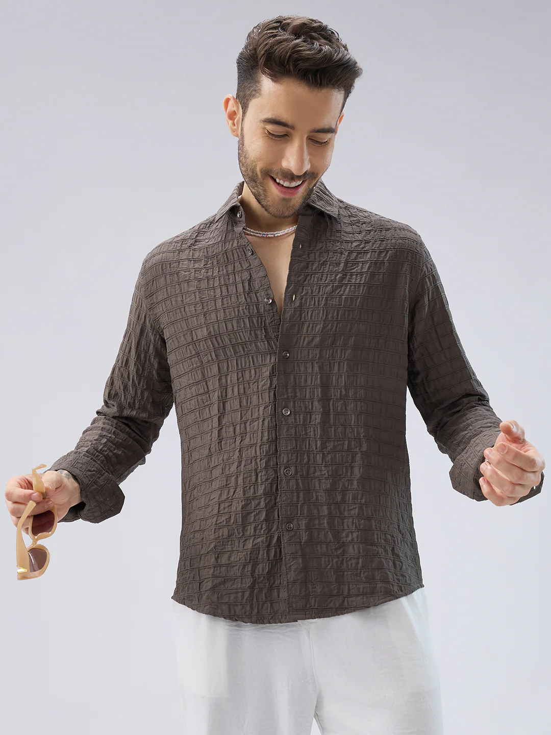 Ash Grey Striped Textured Crinkled Shirt - Image 2