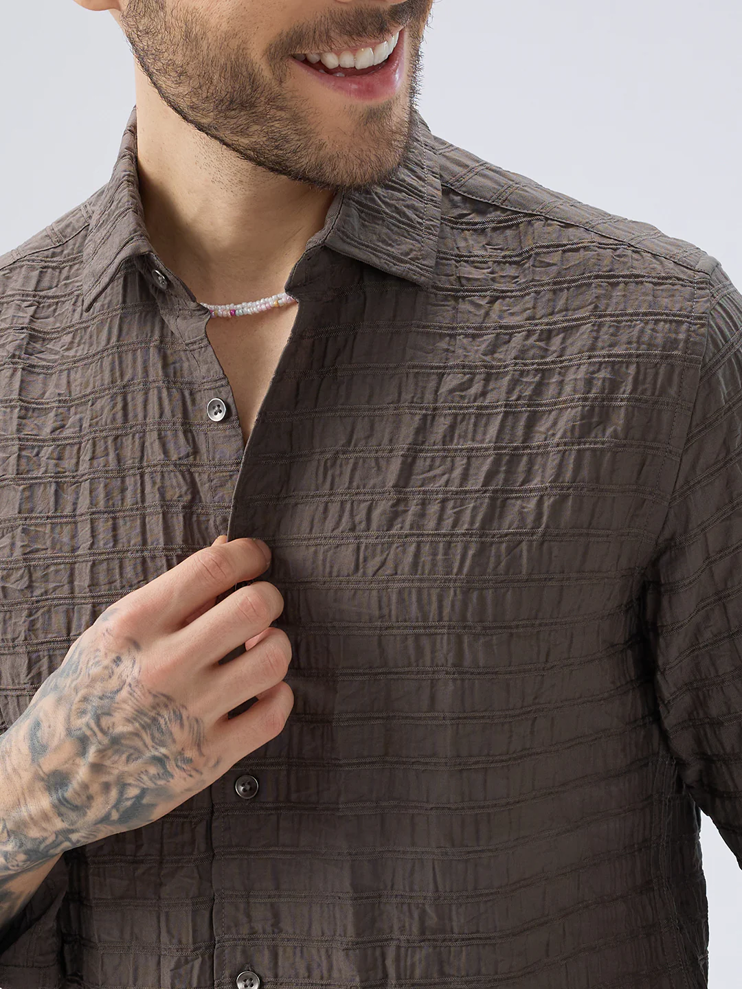 Ash Grey Striped Textured Crinkled Shirt - Image 3