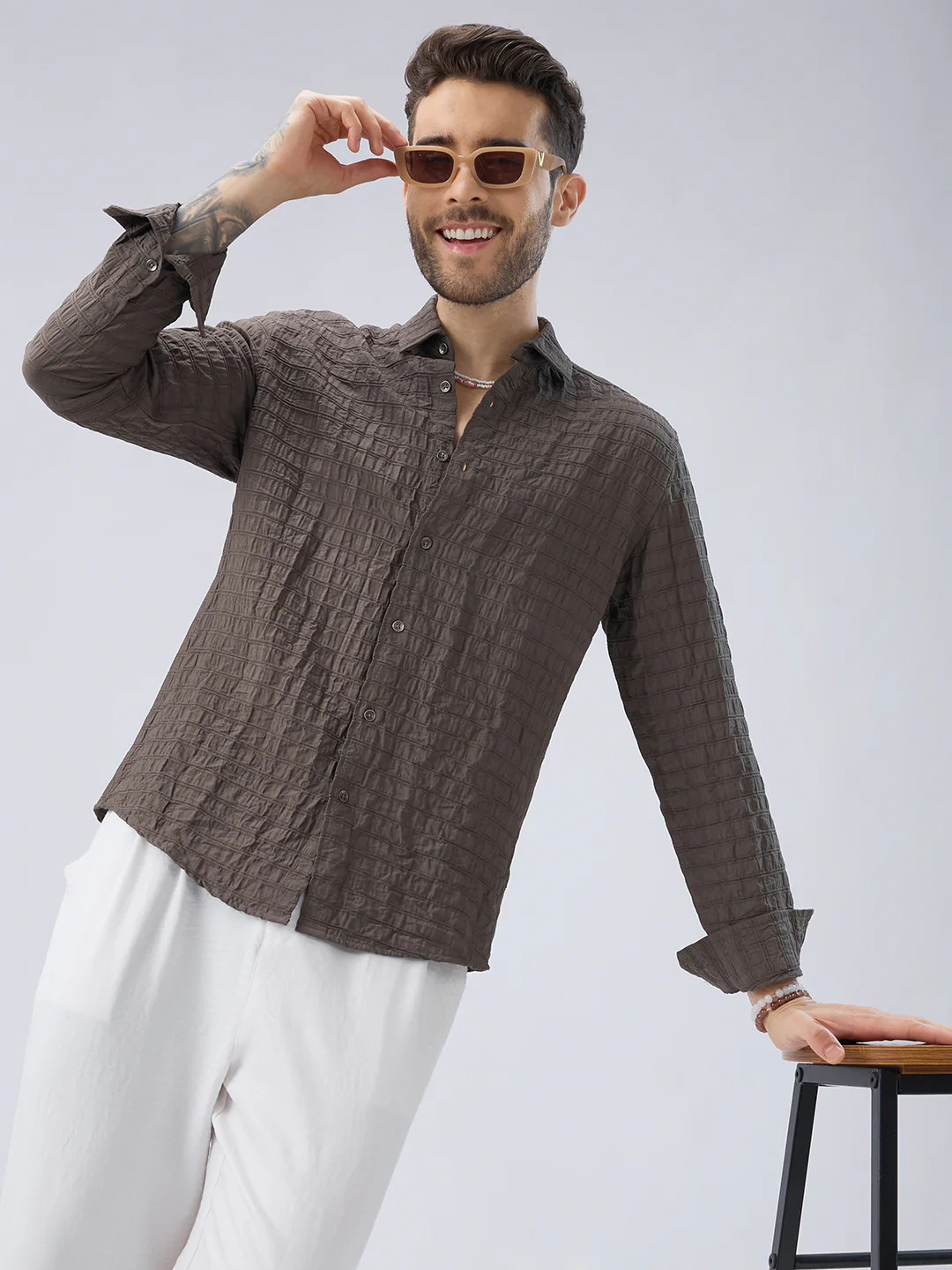 Ash Grey Striped Textured Crinkled Shirt - Image 4