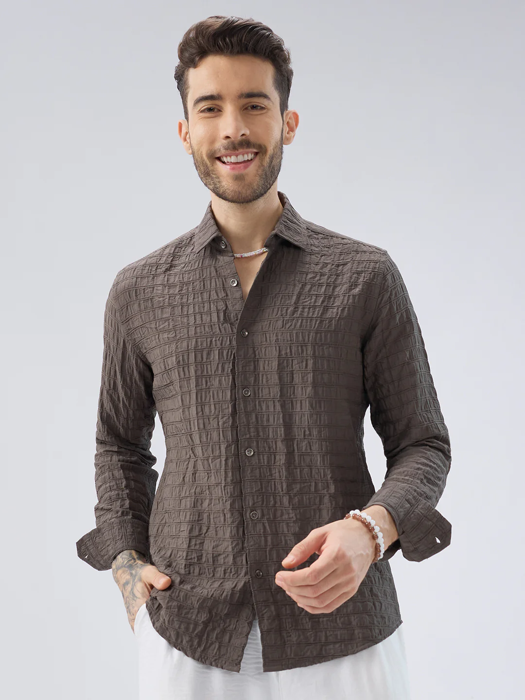 Ash Grey Striped Textured Crinkled Shirt - Image 5