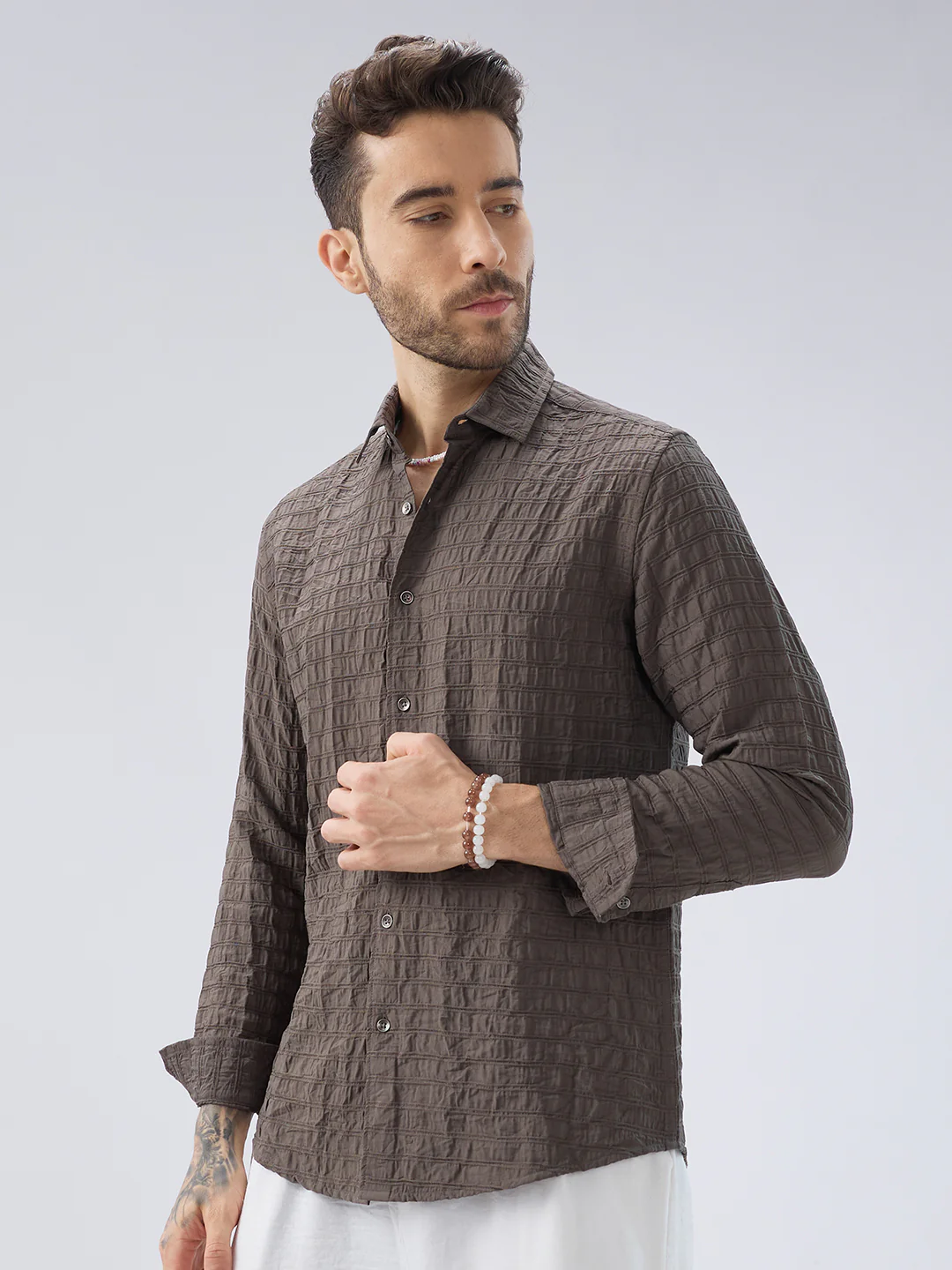 Ash Grey Striped Textured Crinkled Shirt - Image 6