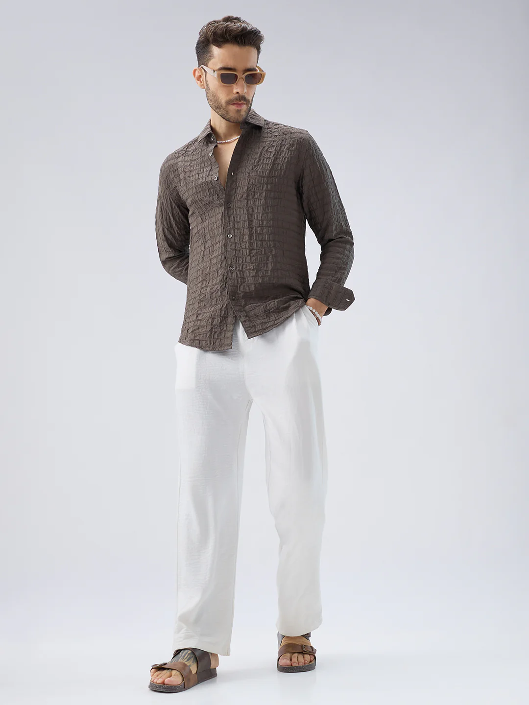 Ash Grey Striped Textured Crinkled Shirt - Image 8