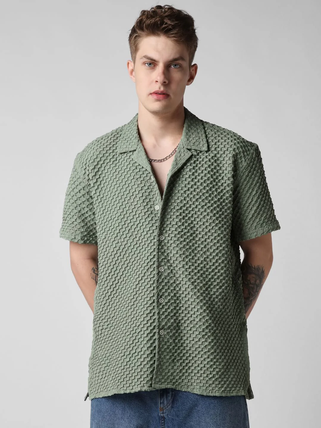 Asparagus Green Embossed Patterned Oversized Shirt - Image 4