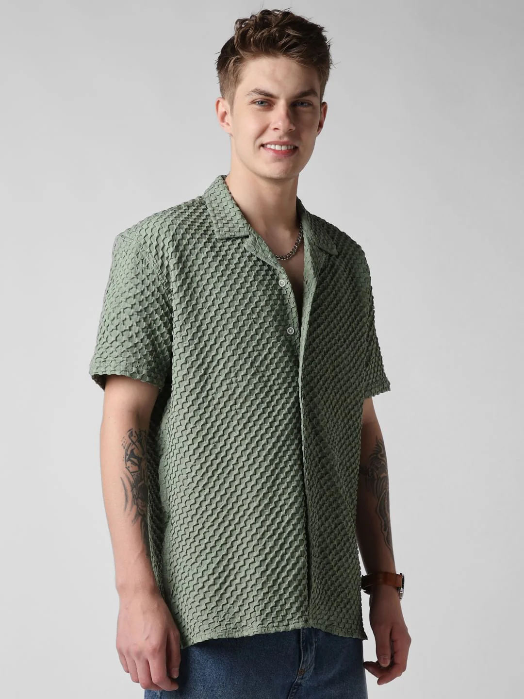 Asparagus Green Embossed Patterned Oversized Shirt - Image 5