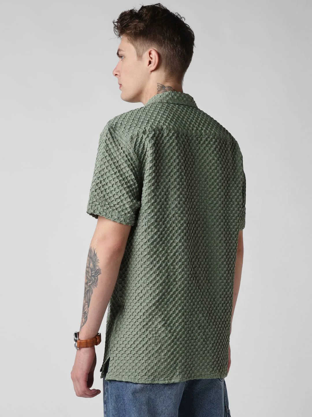Asparagus Green Embossed Patterned Oversized Shirt - Image 6