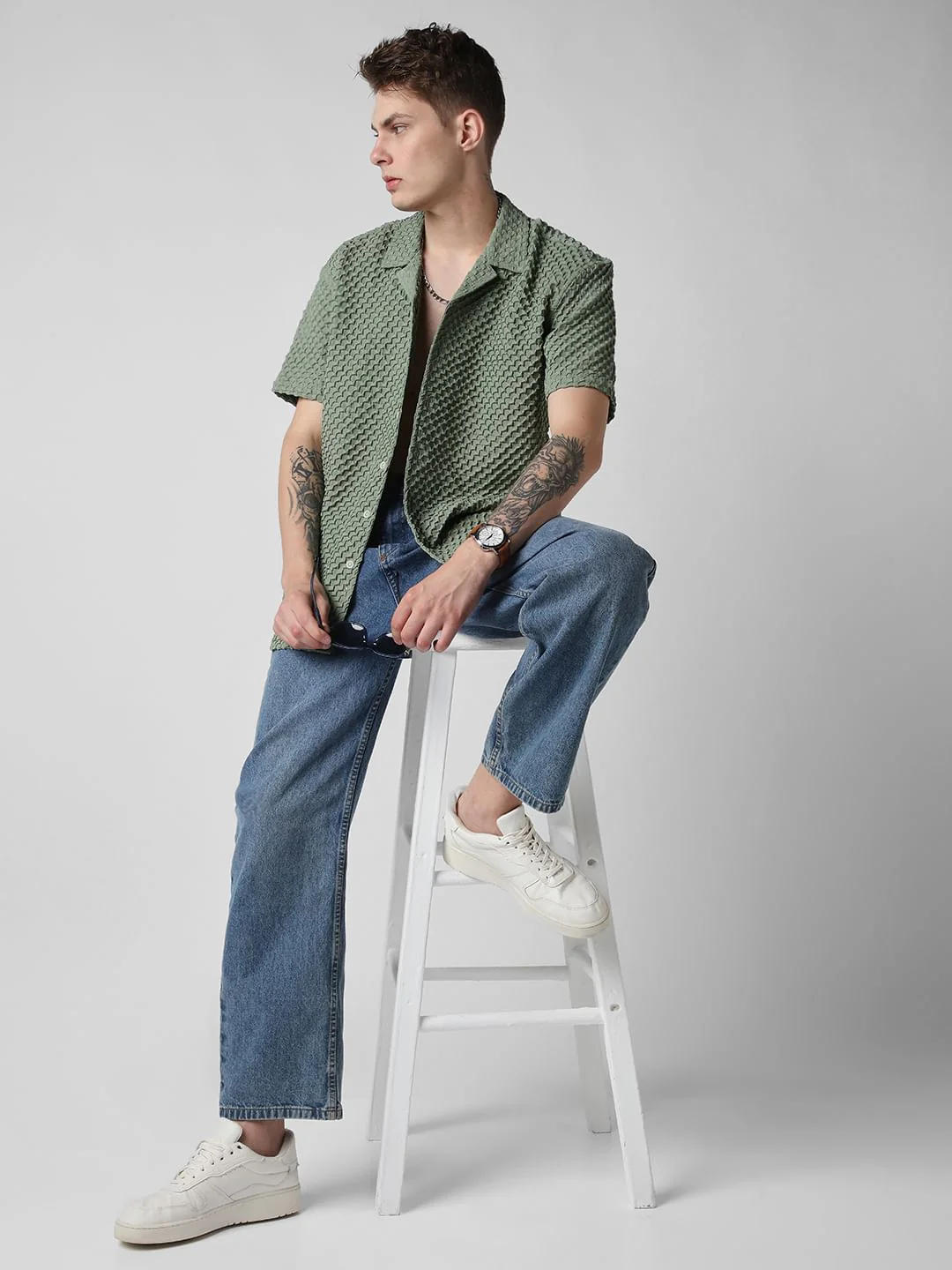 Asparagus Green Embossed Patterned Oversized Shirt - Image 7