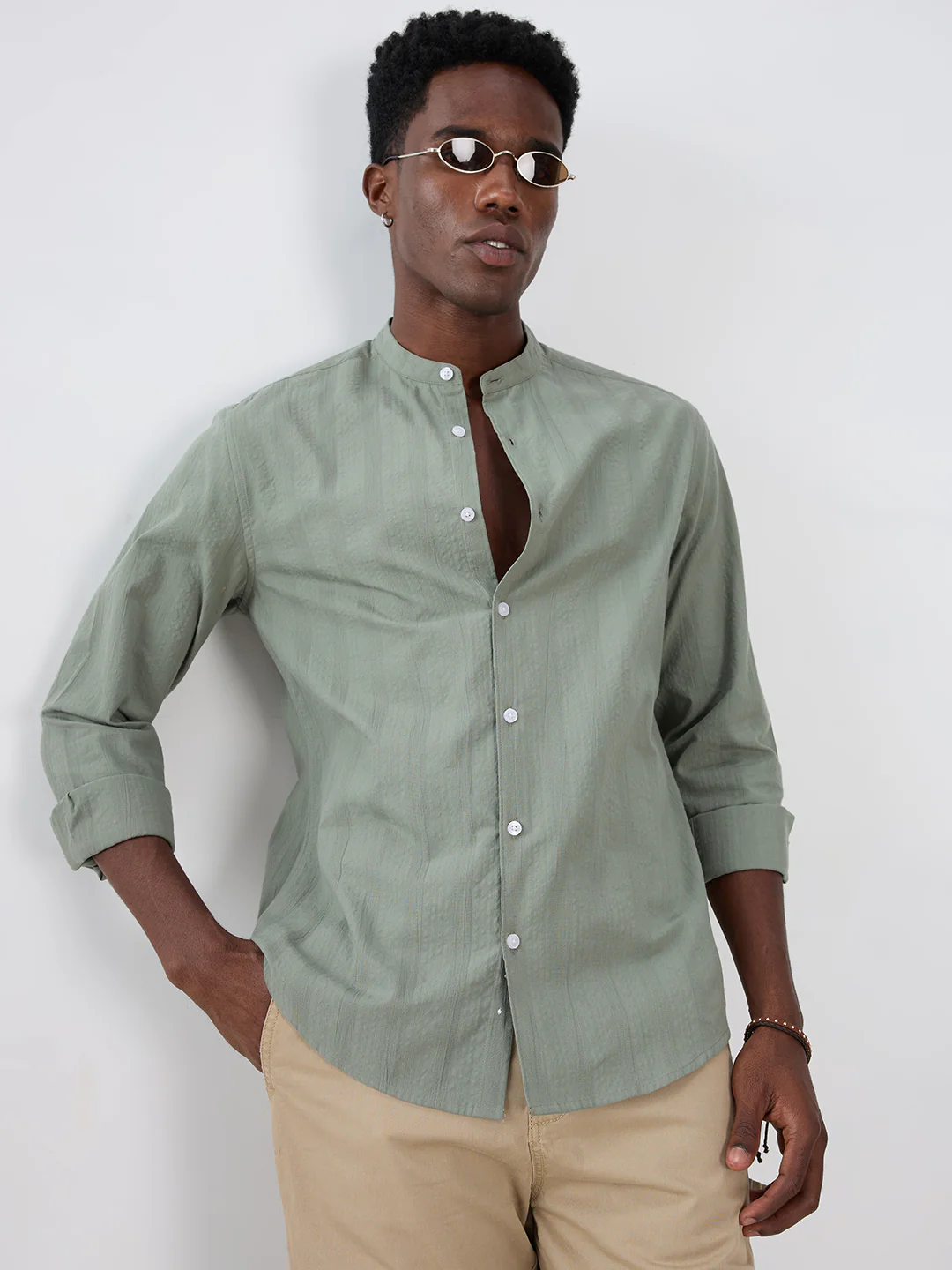 Asparagus Green Seersucker Striped Mandarin Shirt - Image 2
