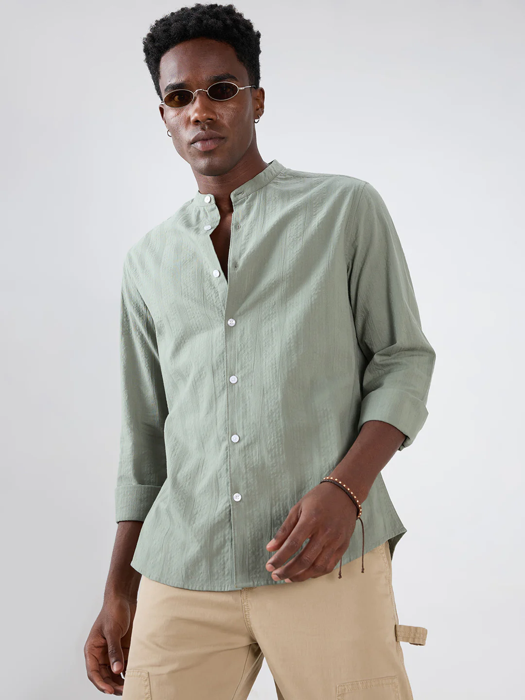 Asparagus Green Seersucker Striped Mandarin Shirt - Image 4