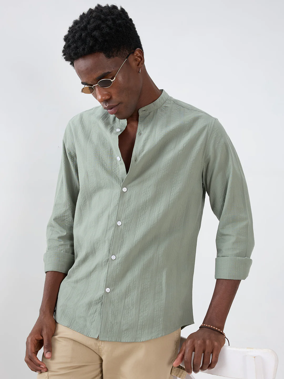 Asparagus Green Seersucker Striped Mandarin Shirt - Image 5