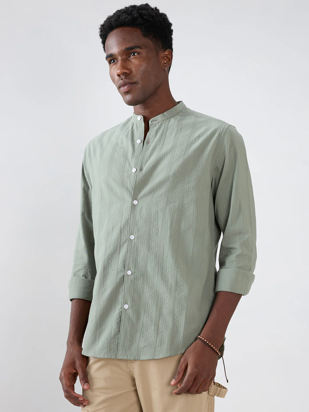 Asparagus Green Seersucker Striped Mandarin Shirt - Image 6