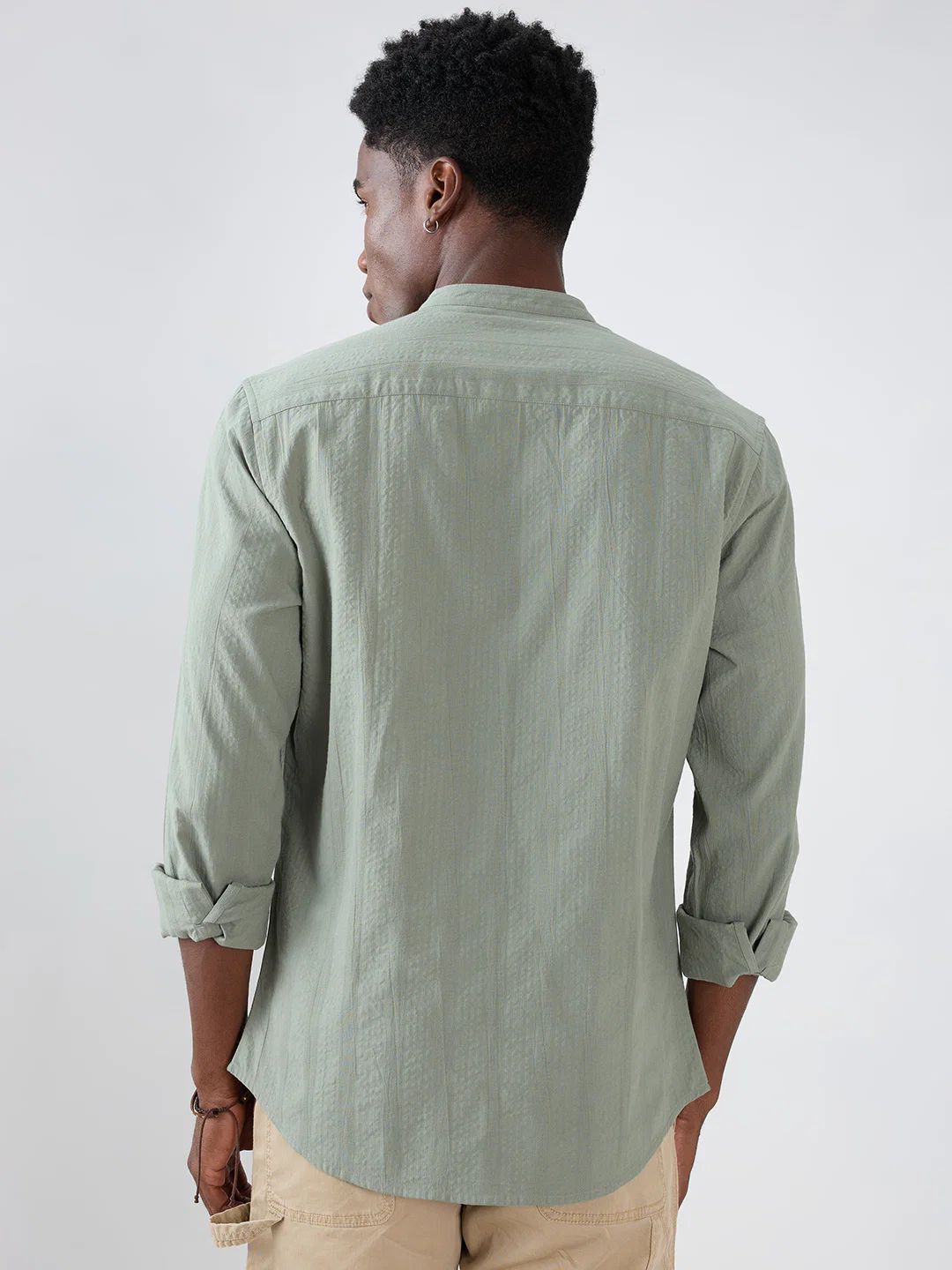 Asparagus Green Seersucker Striped Mandarin Shirt - Image 7
