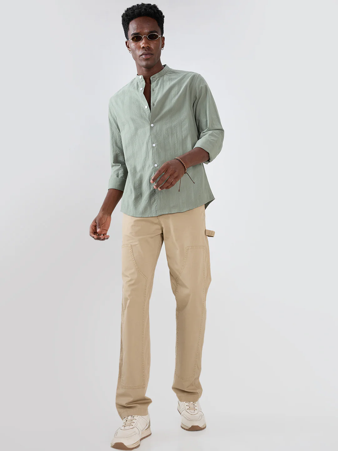 Asparagus Green Seersucker Striped Mandarin Shirt - Image 8