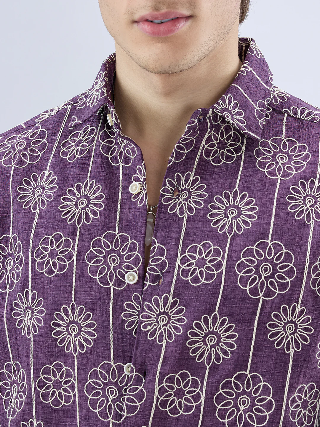 Aubergine Floral Embroidered Slub Shirt - Image 3