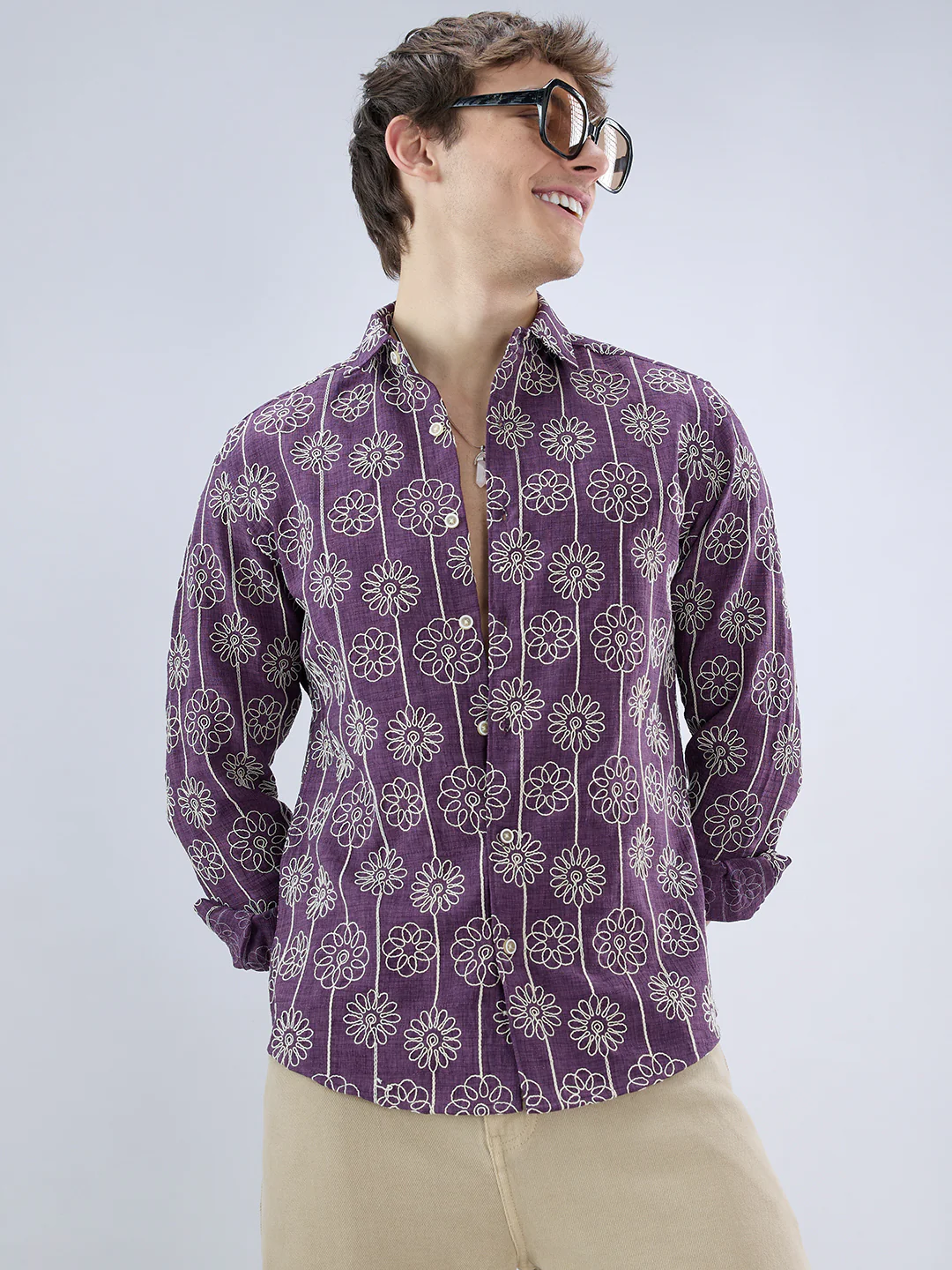 Aubergine Floral Embroidered Slub Shirt - Image 4
