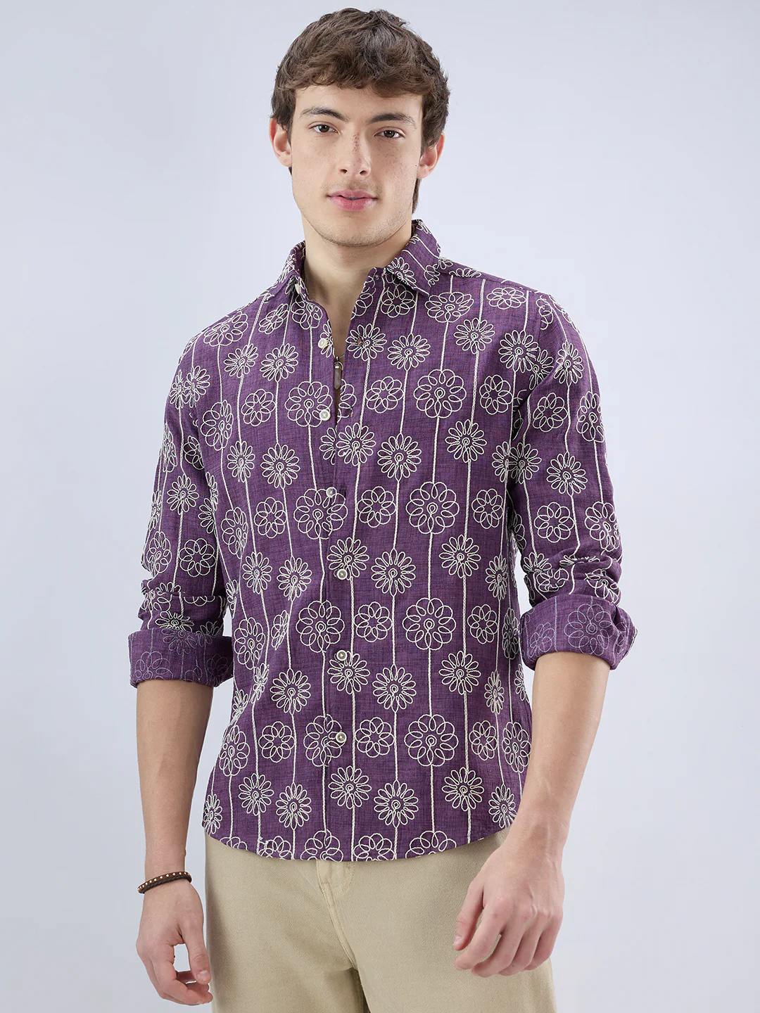 Aubergine Floral Embroidered Slub Shirt - Image 5