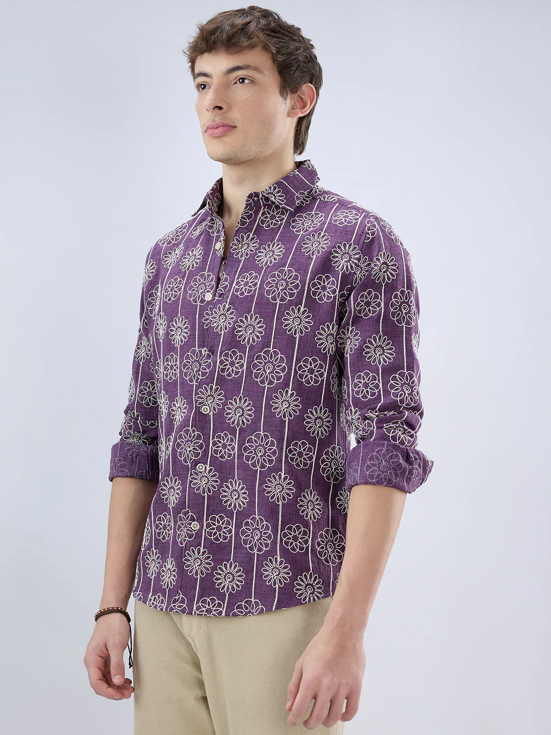 Aubergine Floral Embroidered Slub Shirt - Image 6