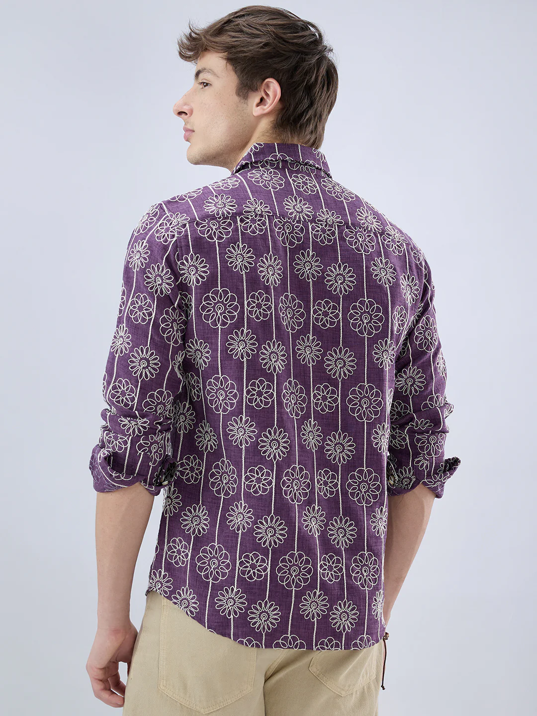 Aubergine Floral Embroidered Slub Shirt - Image 7