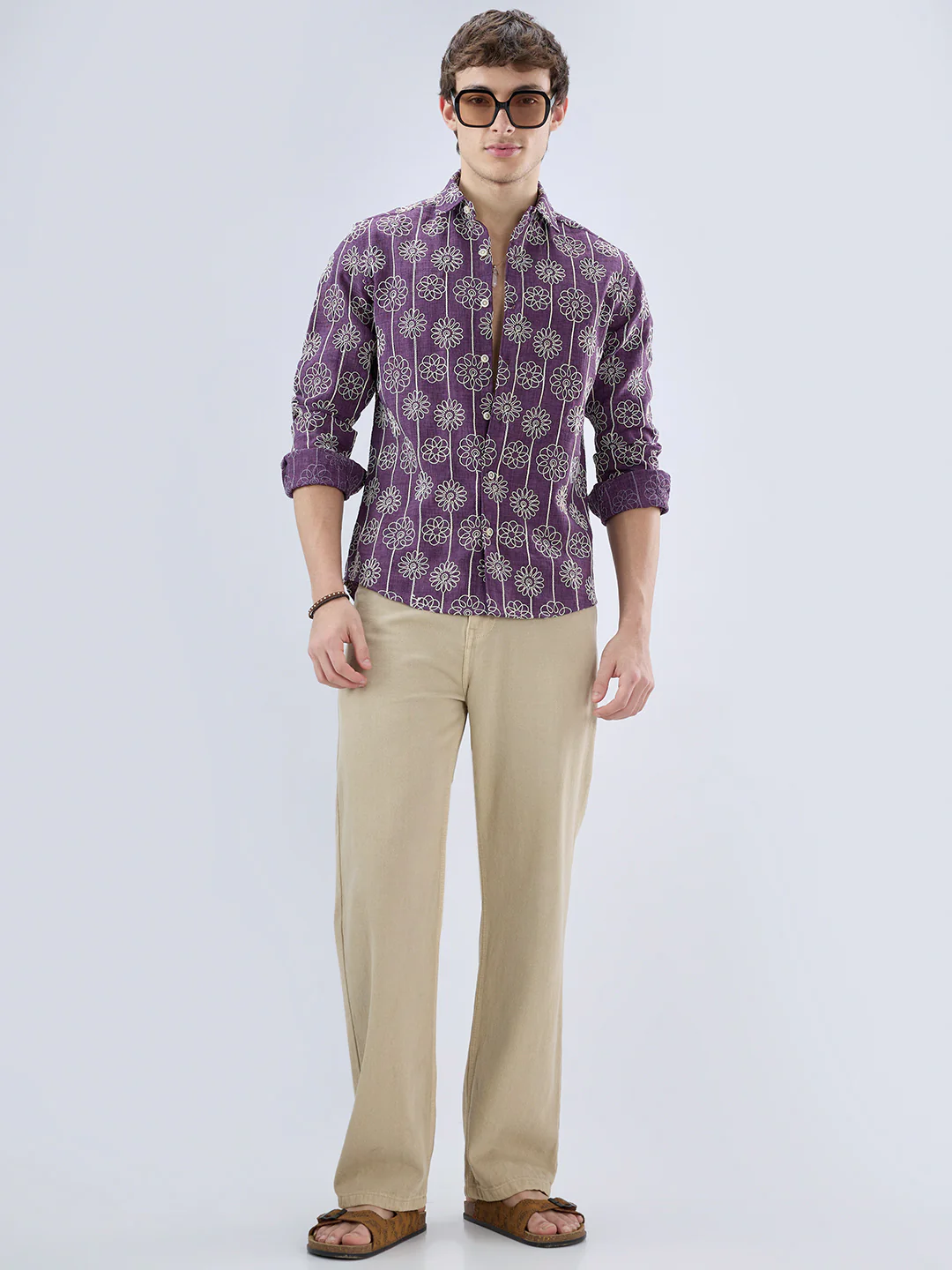 Aubergine Floral Embroidered Slub Shirt - Image 8