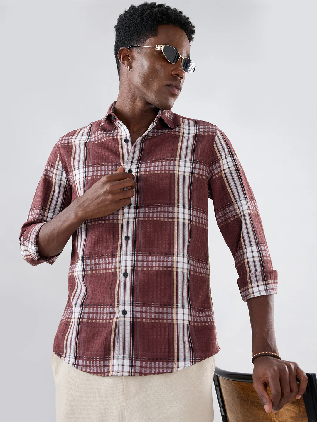 Autumn Brew Soft Textured Checks Maroon Shirt - Image 4