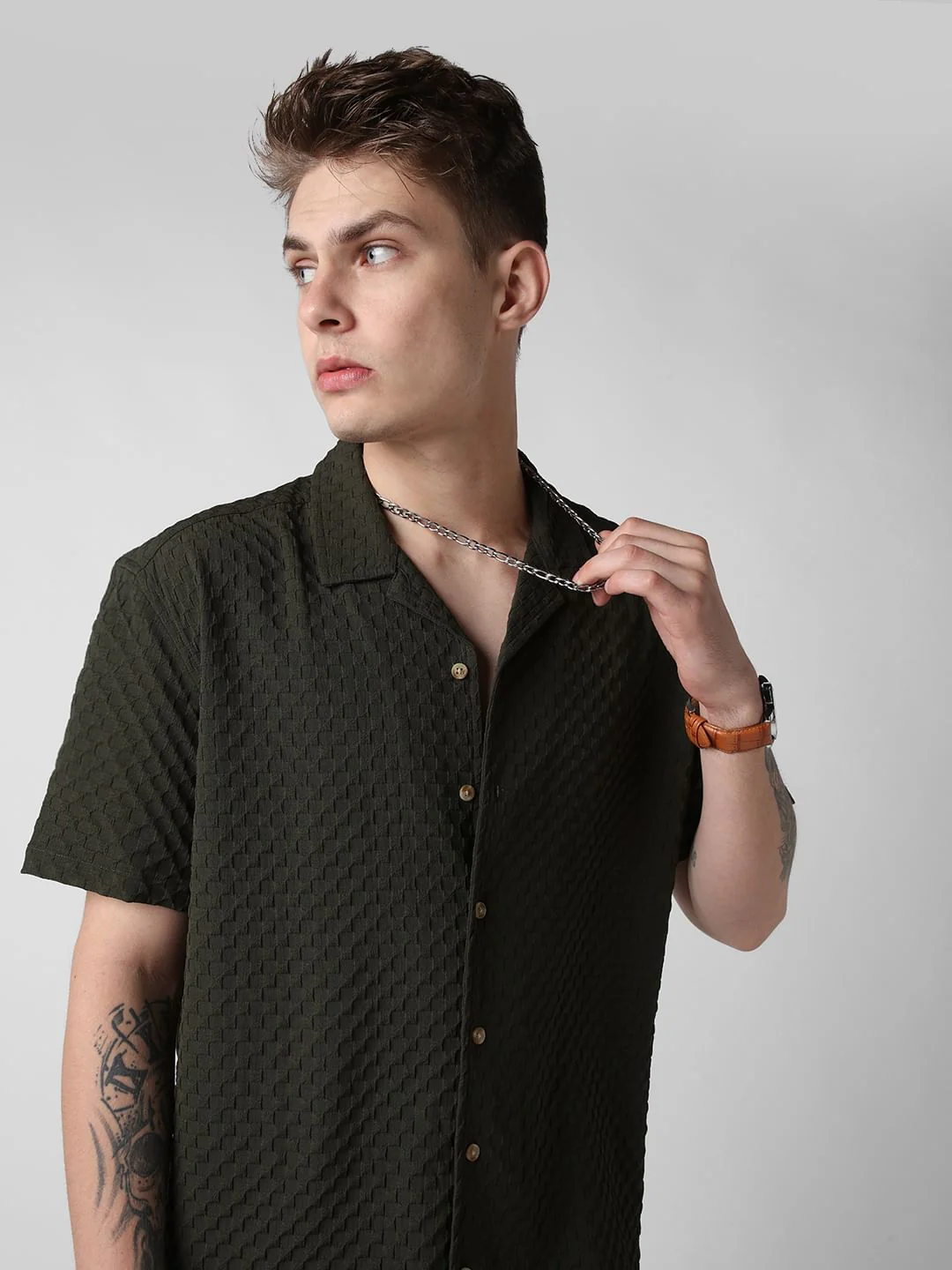 Avocado Green Embossed Patterned Oversized Shirt - Image 2
