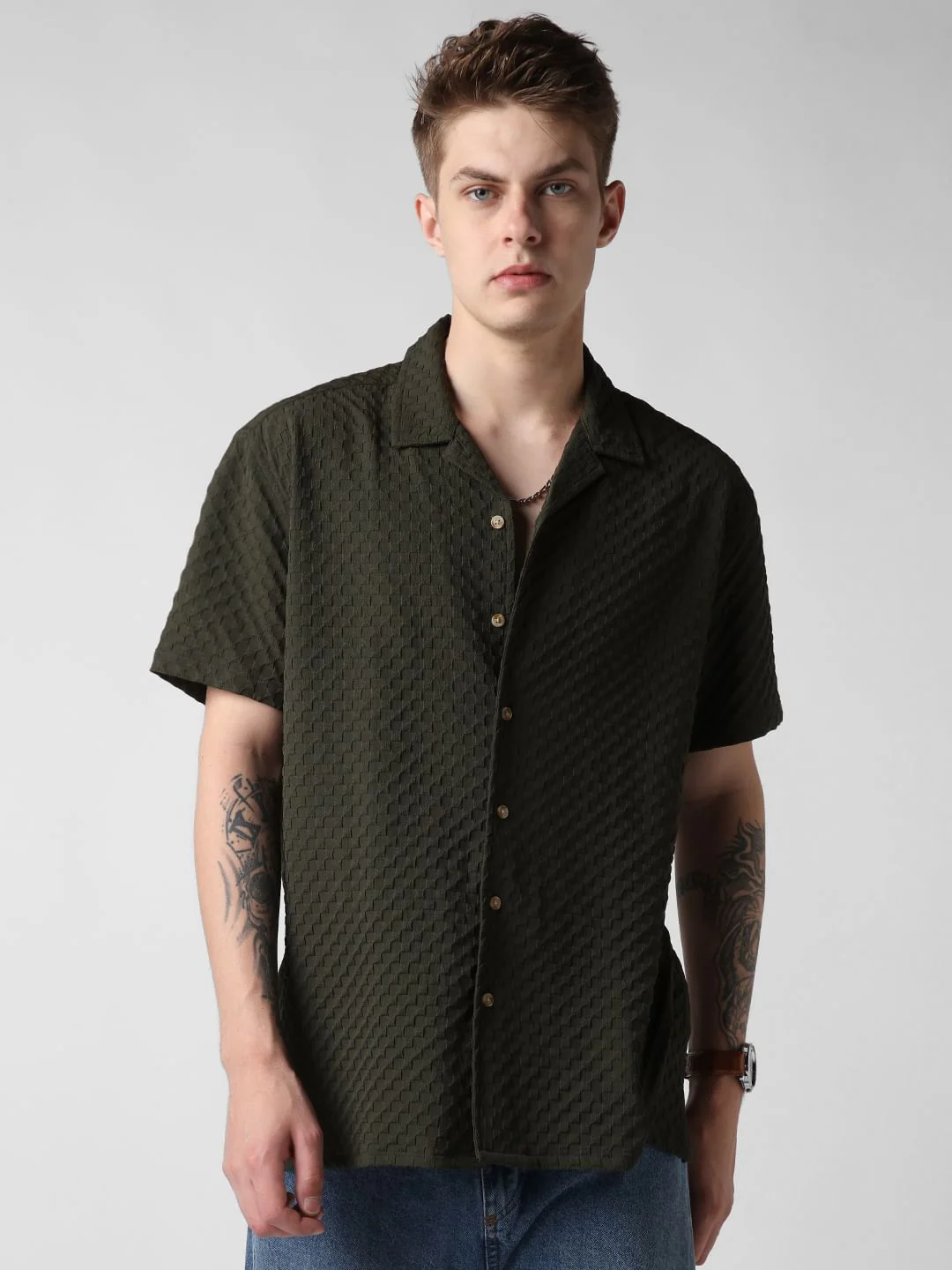 Avocado Green Embossed Patterned Oversized Shirt - Image 4