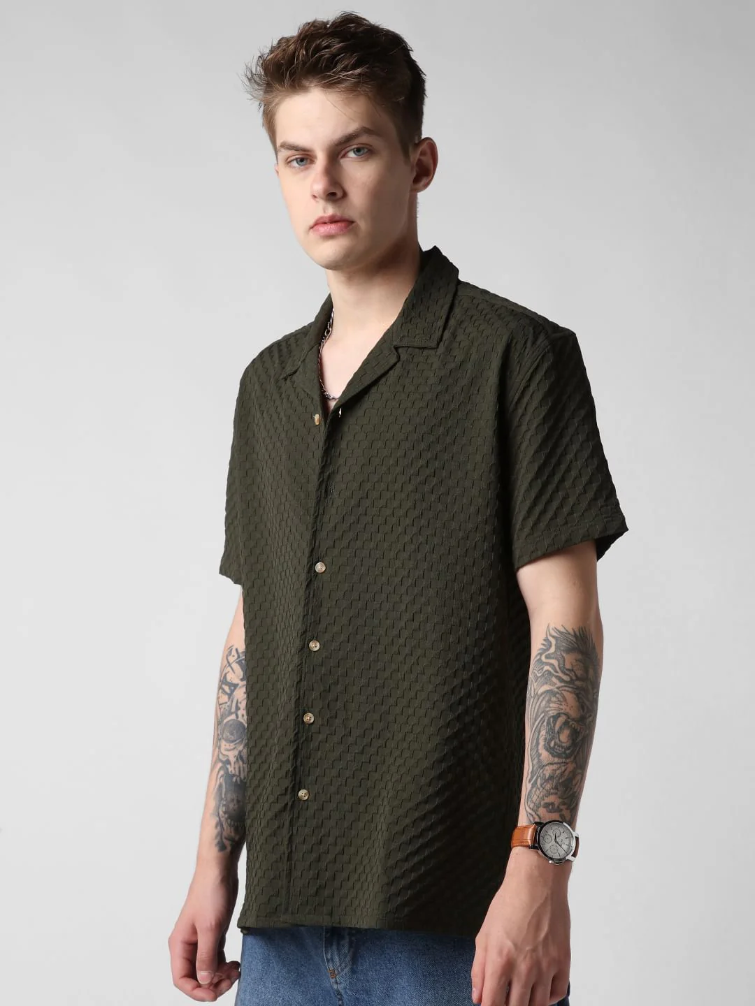 Avocado Green Embossed Patterned Oversized Shirt - Image 5