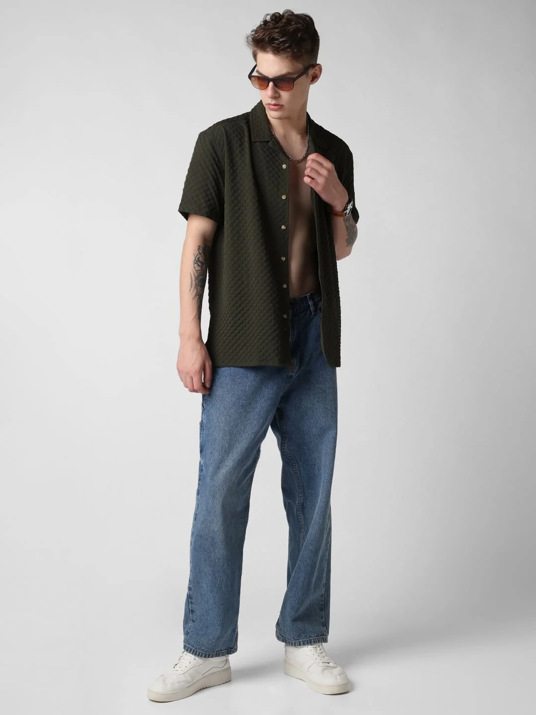 Avocado Green Embossed Patterned Oversized Shirt - Image 7