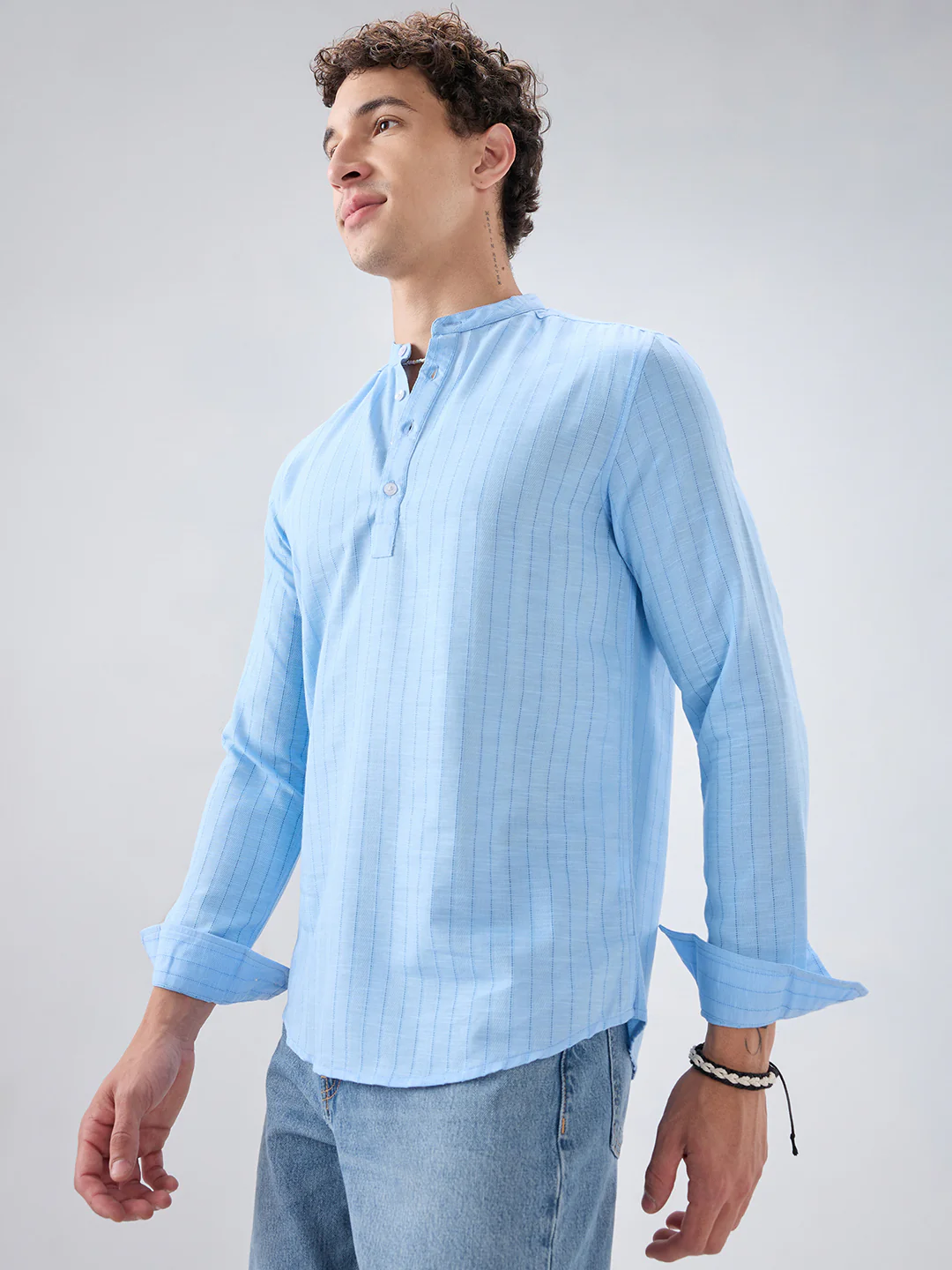 Baby Blue Ladder Striped Subtle Textured Kurta - Image 6