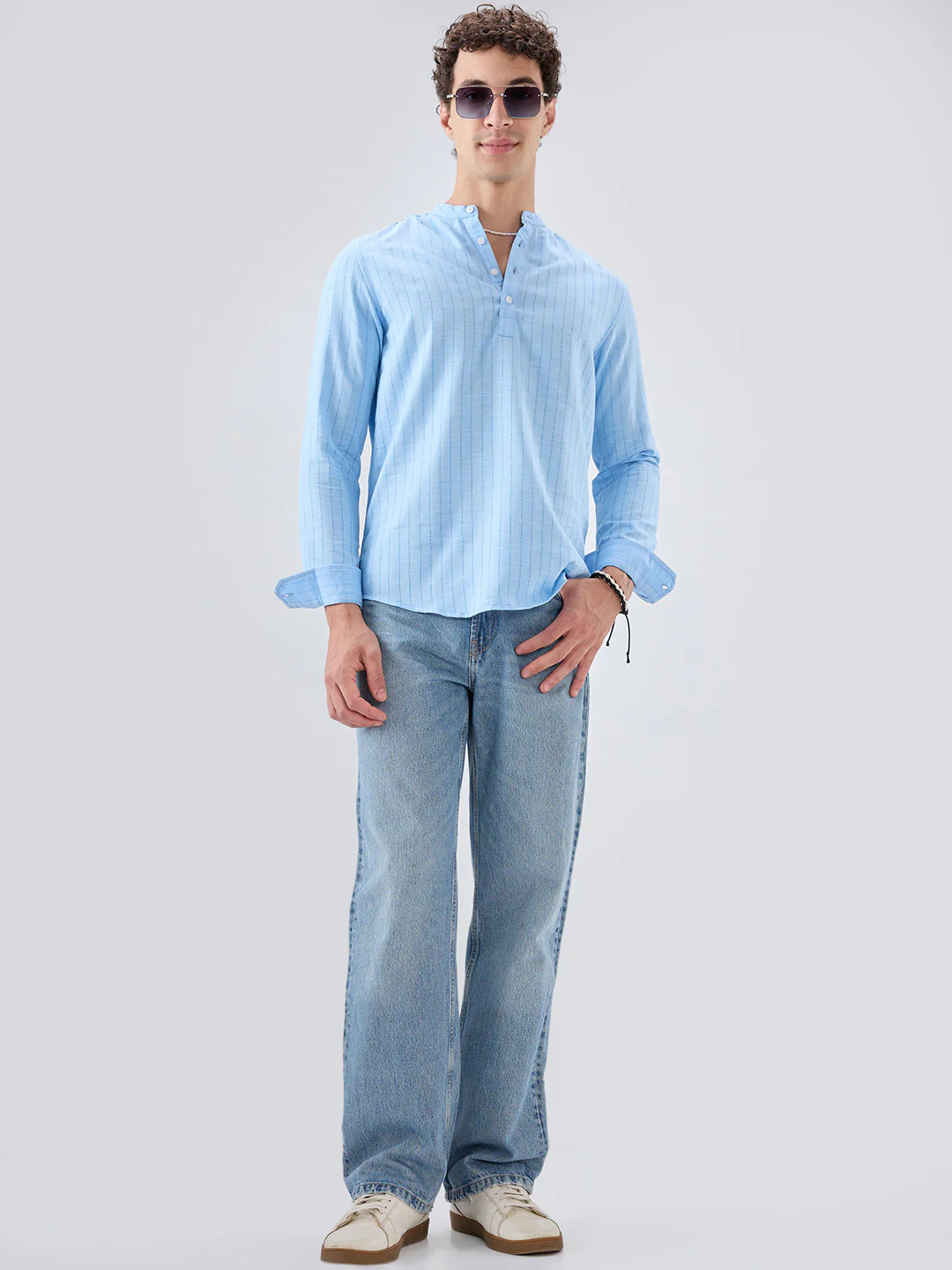 Baby Blue Ladder Striped Subtle Textured Kurta - Image 8