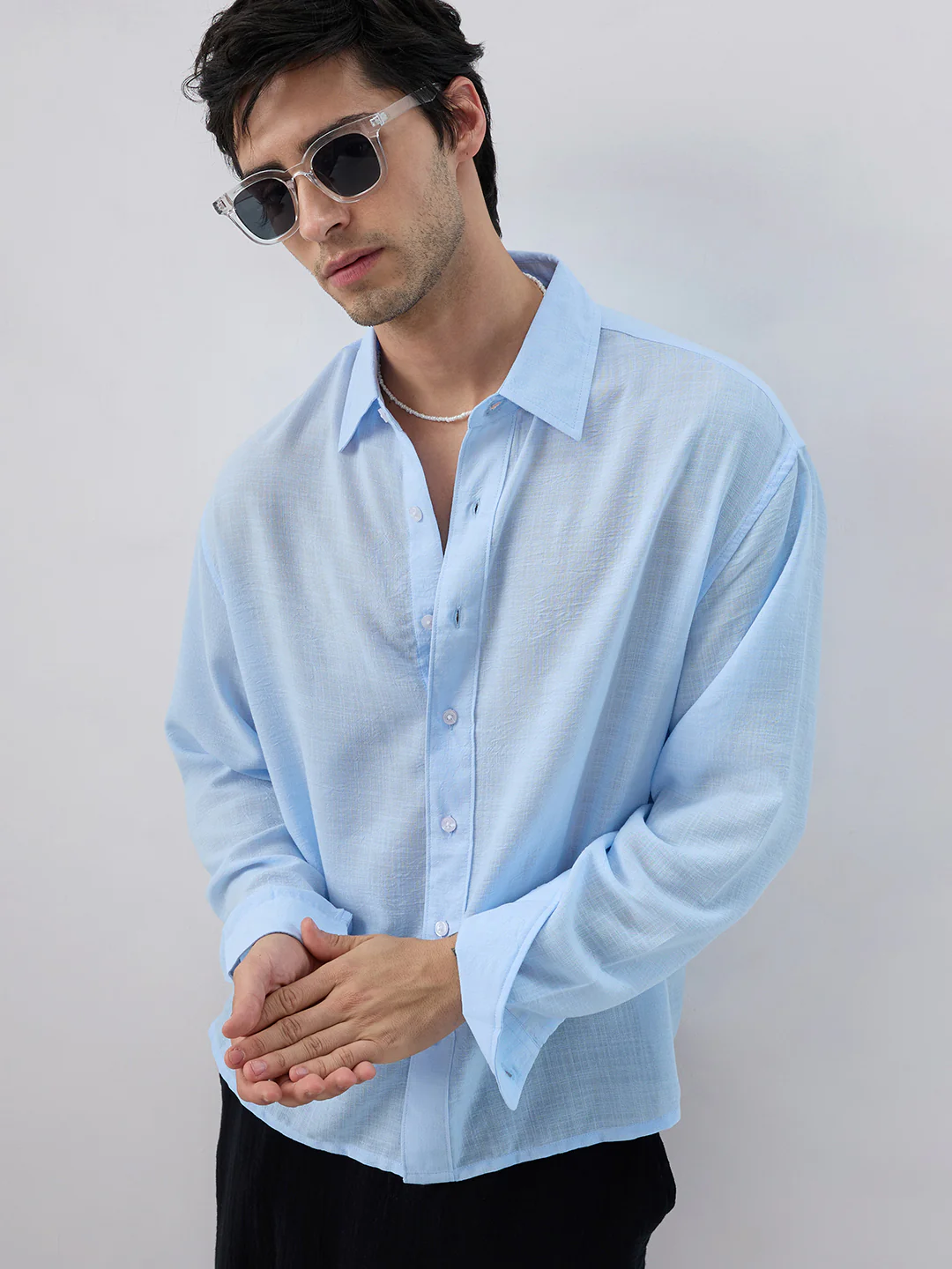 Baby Blue Slub Textured Boxy Fit Crop Shirt - Image 2