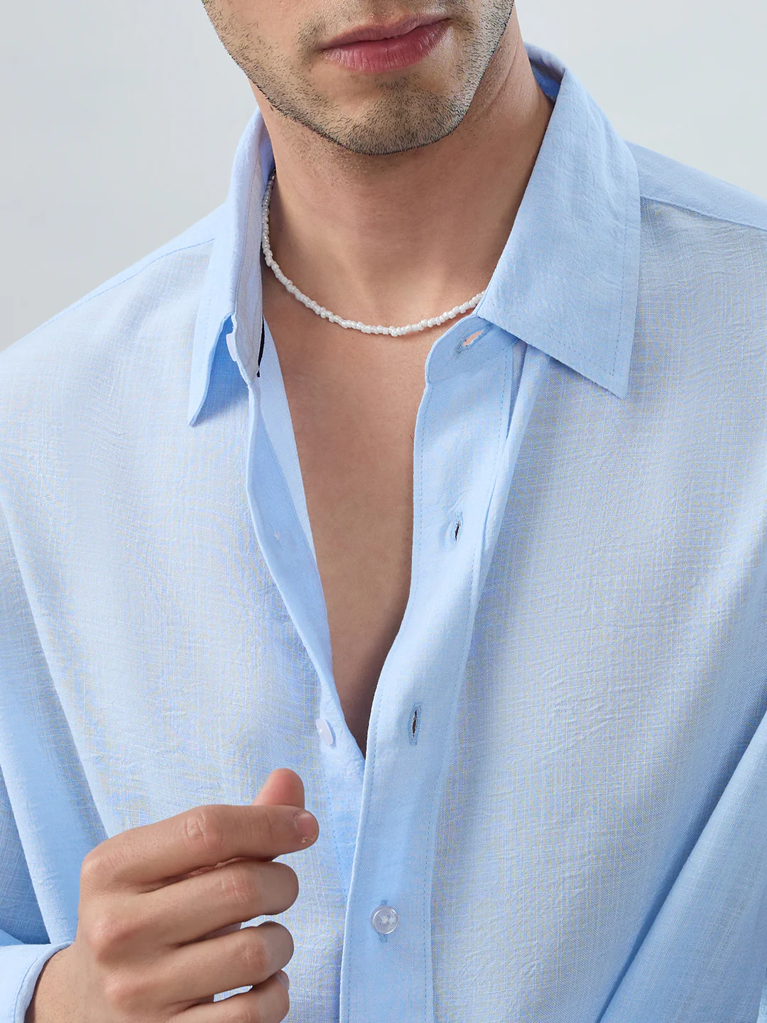 Baby Blue Slub Textured Boxy Fit Crop Shirt - Image 3