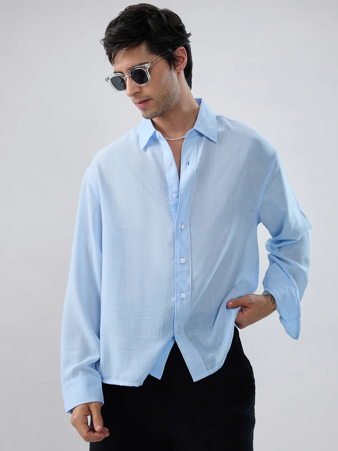 Baby Blue Slub Textured Boxy Fit Crop Shirt - Image 4