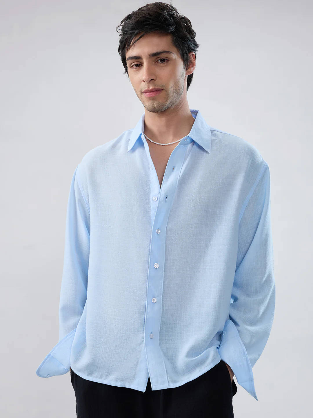 Baby Blue Slub Textured Boxy Fit Crop Shirt - Image 5