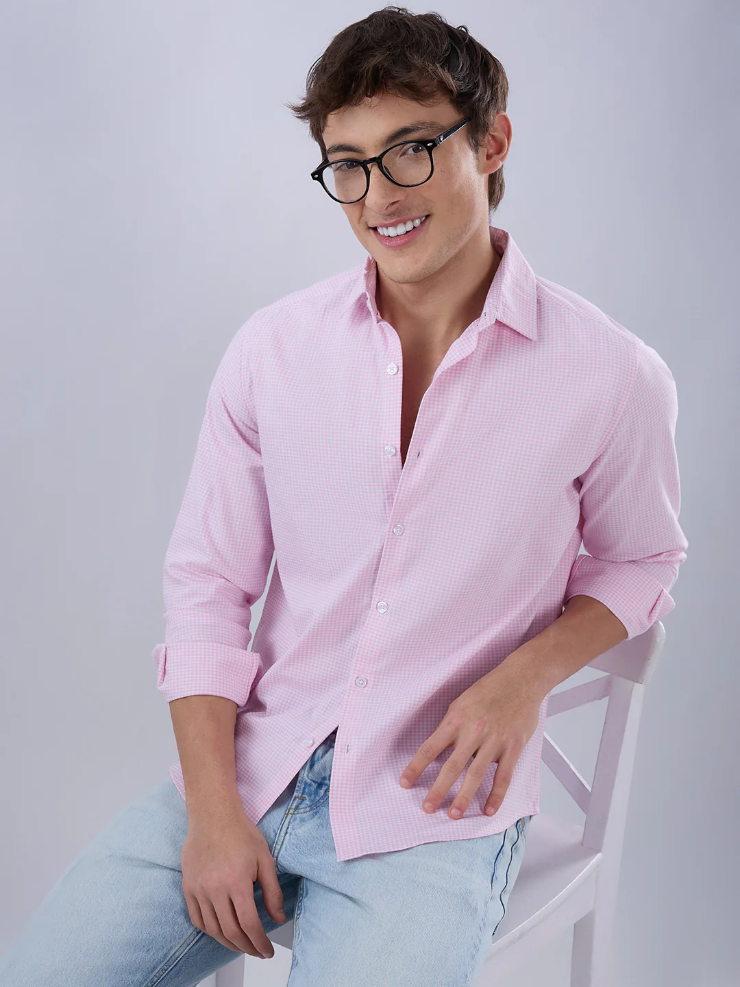 Baby Pink & White Tiny Checkered Oxford Shirt