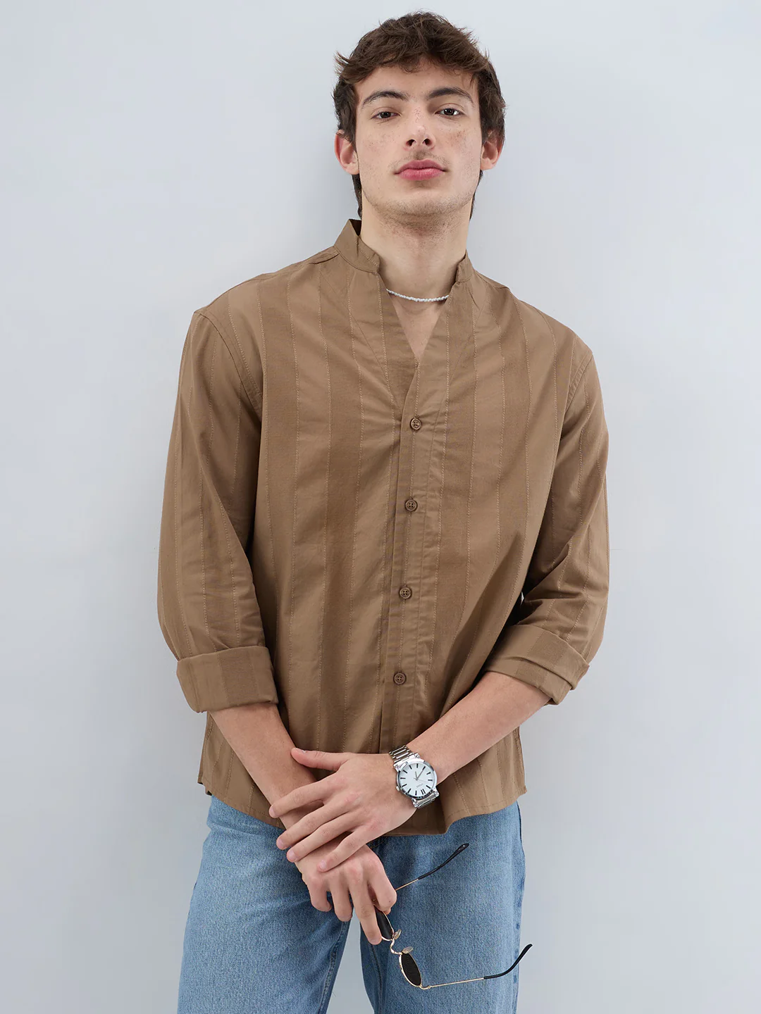 Bark Brown Panel Textured Stand Collar Oversized Shirt - Image 2