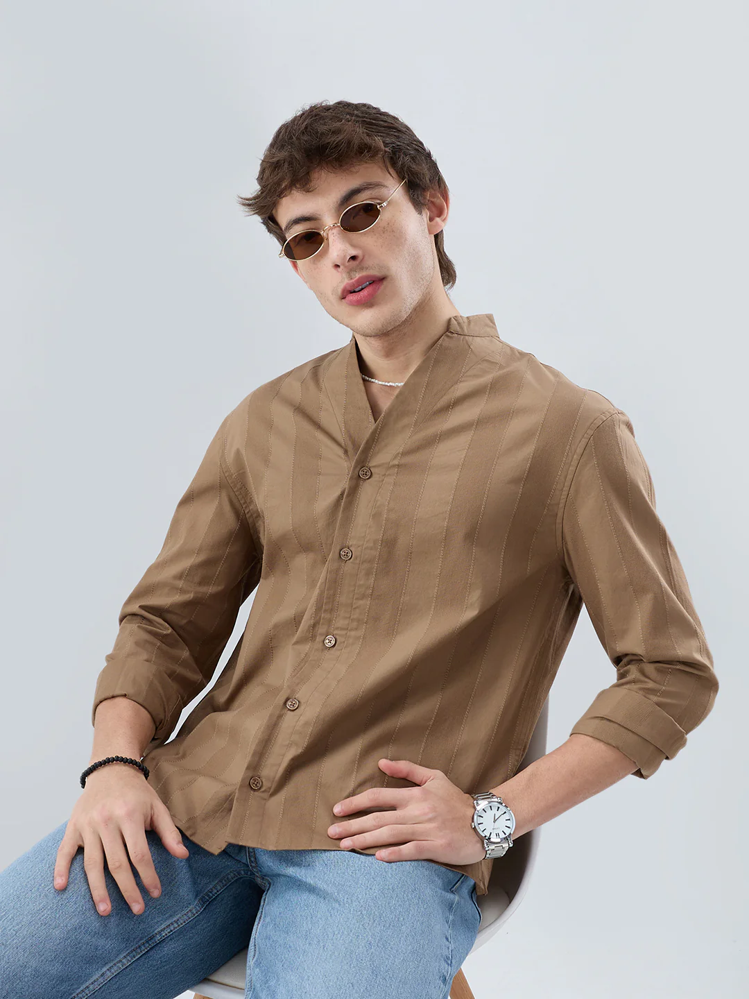 Bark Brown Panel Textured Stand Collar Oversized Shirt - Image 4